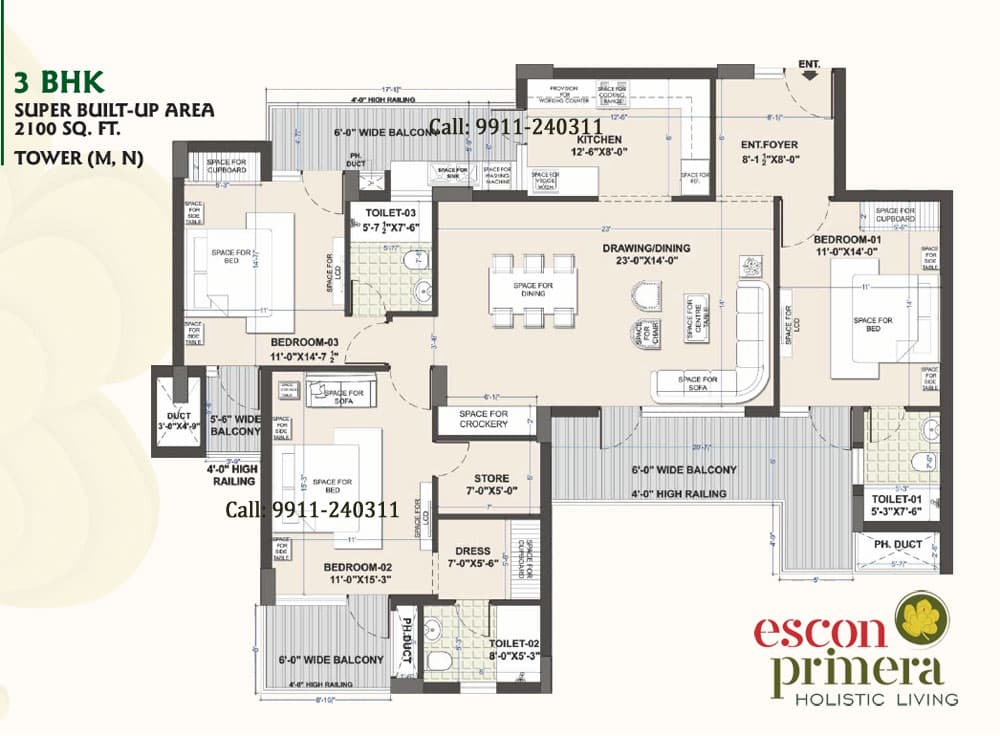 Escon Primera 3BHK 2100SQFT Flat Layout