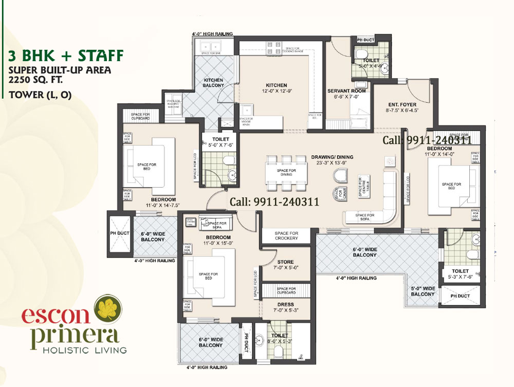 Escon Primera 3BHK+Staff Layout Plan